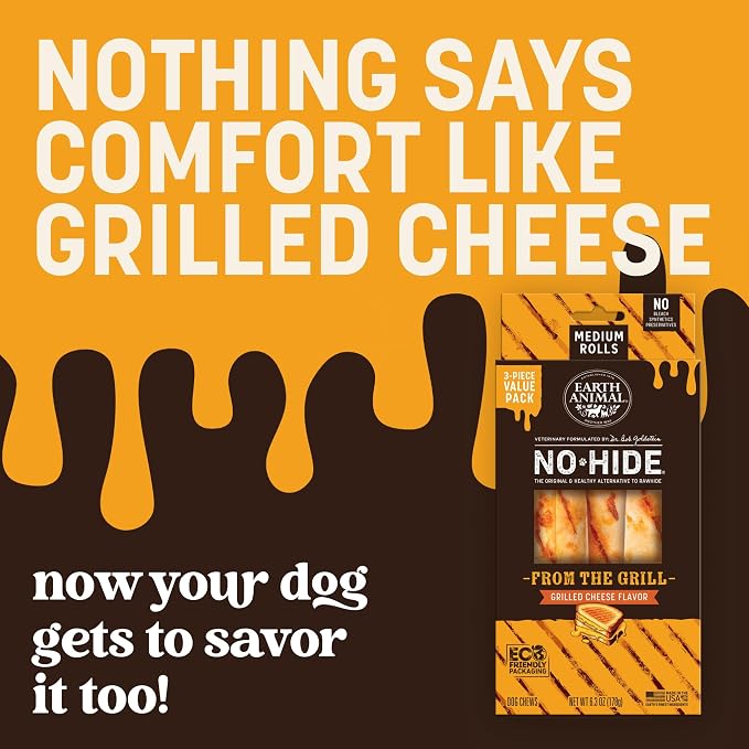 Earth Animal No Hide Chews - from the Grill Rolls Grilled Cheese Vegetarian Flavor Rawhide Free Medium Dog Chews - 3 Count