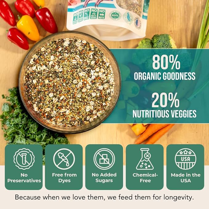Organic Parakeet Food - No Fillers, Fatty Seeds, or Dyes - Budgies, Lovebirds & Parrotlets - Premium Human Grade Seed Mix, Grain & Wholesome Veggies – Made in USA (2 lbs)