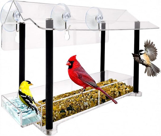 Nature Gear Window Bird Feeder with Strong Suction Cups, Clear Acrylic Window Mounted Bird Feeder, Weather-Resistant, Durable, Squirrel-Resistant, Column Style