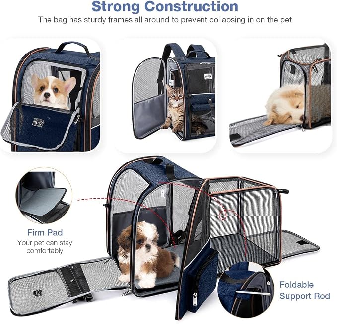 Large Cat Backpack Carrier Expandable Pet Carrier Backpack for Small Dogs Medium Cats Fit Up to 18 Lbs, Dog Backpack Carrier, Foldable Puppy Backpack Carrier for Travel, Hiking,Blue