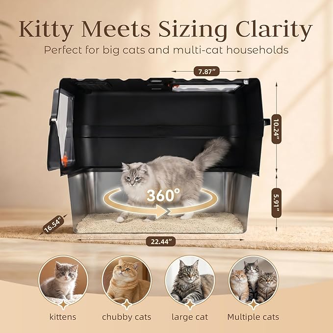 Jotesnew 2 Pack Extra Large Stainless Steel Litter Box with Lid, High Sided Enclosed Cat Litter Box for Multi-Cat Homes, Metal Cat Litter Pan, Dog Proof Front Entry Top Exit, Scoop Included, Black