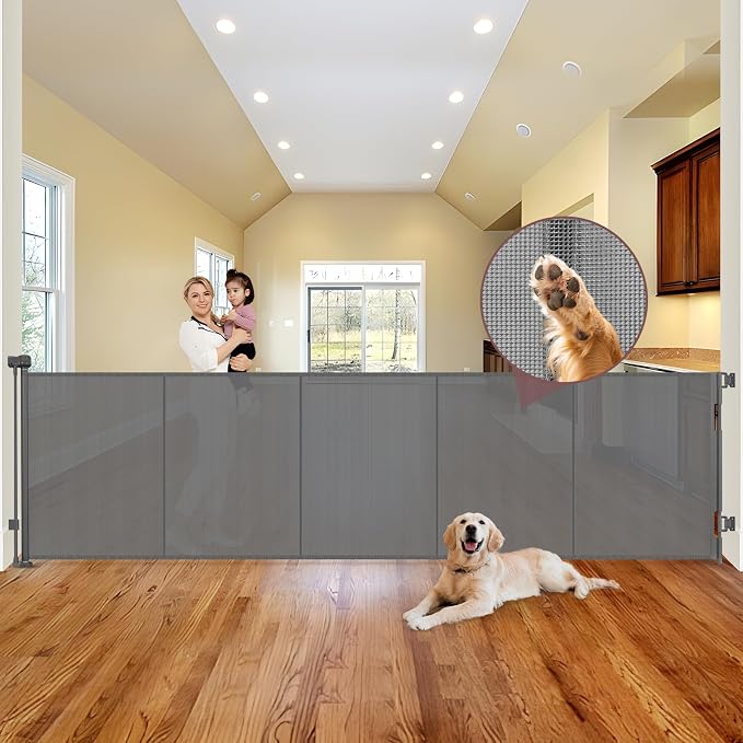 Reinforced 41" Extra Tall Pet Gate 120" Extra Wide Baby Gates for Large Openings, Extra Tall Retractable Baby Gates with Support Rods, Indoor Outdoor Large Dog Gate, Gray