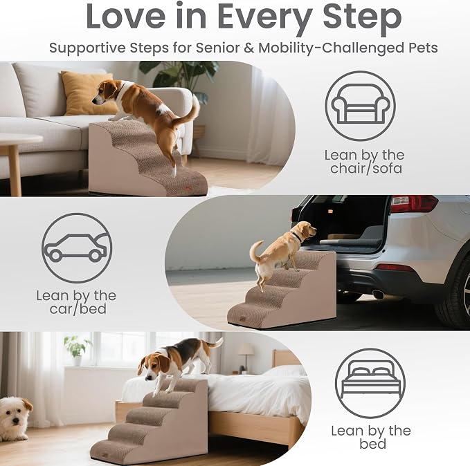 GoGoBunny Ramp Dog Stairs for High Beds 22.6" H, 5-Step Dog Slope Stairs with Durable Waterproof Fabric Cover, Pet Steps for Old Large Dogs Climbing, Non-Slip Sturdy Indoor Step, Camel