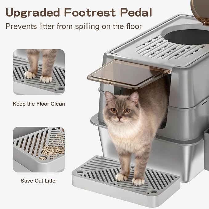 Stainless Steel Cat Litter Box with Lid, XL Enclosed Covered Litter Box for Large Cats, Front Entry Top Exit, High Sided Metal Litter Box, Odor Control, Leak Proof, Scoop & Pedal Included