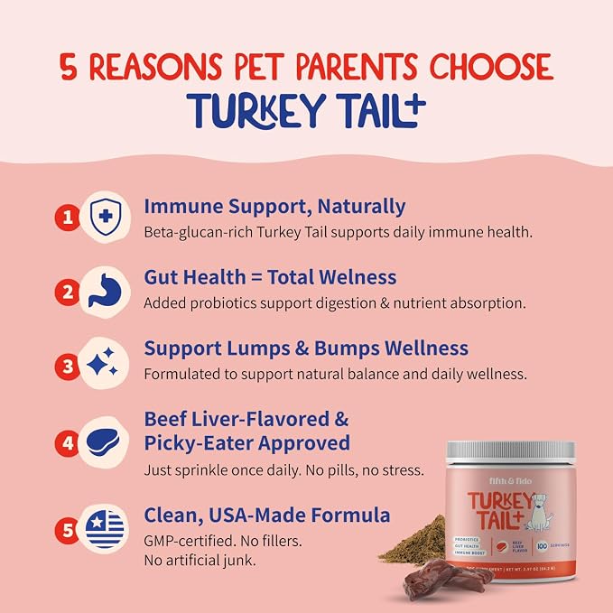 Turkey Tail Mushroom for Dogs - Lipoma Treatment & Immune Support - Fifth & Fido Mushroom Supplement for Lumps & Bumps with Probiotics - Dog Food Topper, Pet Vitamins Made in USA, 100 Servings