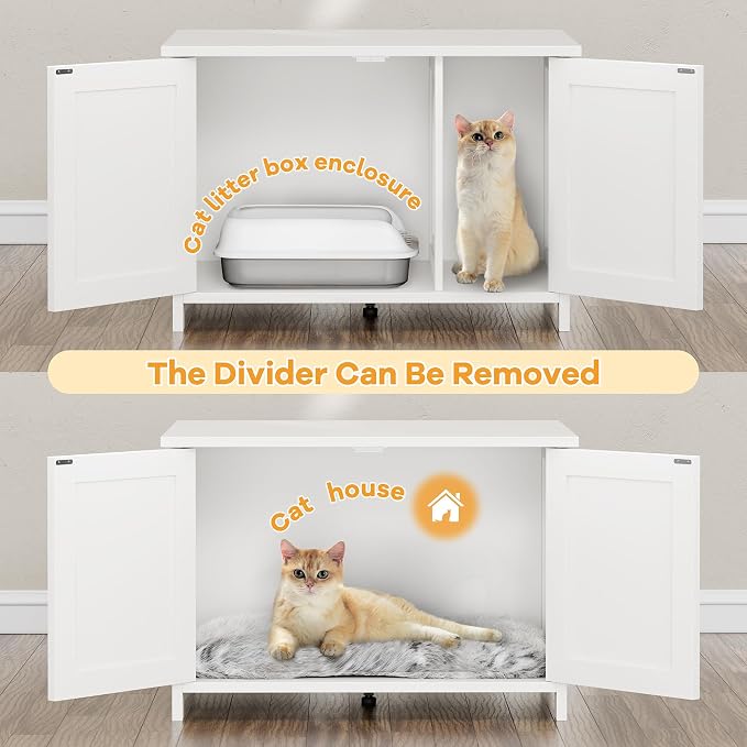 Shintenchi Cat Litter Box Enclosure, Litter Box Furniture Cabinet Hidden with Removable Divider, Wooden Cat House with End Table, White, 31.5 inch
