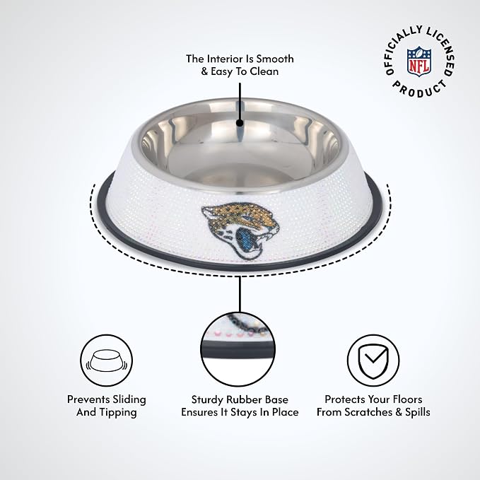 The Memory Company Officially Licensed Stainless Steel Pet Bowl, Premium Bling Team Logo Dog & Cat Food & Water Dish, Non-Slip Rubber Base, for Large/Small Breeds