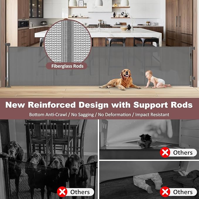 Reinforced 41" Extra Tall Retractable Baby Gates Extra Wide Dog Gate 150" Retractable Pet Gate with Support Rods, Indoor Mesh Gates for Kids or Pets Retractable Fence Outdoor Extra Tall Dog Gate, Gray