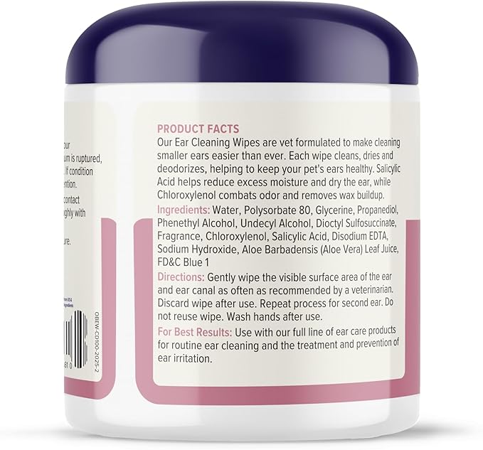 Vetnique Oticbliss Dog Ear Wipes, Cat & Dog Ear Cleaner & Deodorizing Wipes for Dogs, Cats, Puppies & Kittens, Vet Formulated to Remove Ear Wax, Dirt & Odor with Aloe for Itchy, Smelly Ears