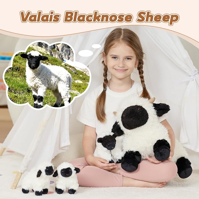 Tezituor 4Pcs Valais Blacknose Sheep Stuffed Animals Set, 18 Inch Large Mommy Stuffed Sheep Plush with 3 Cute Lamb Babies, Realistic Lamb Plushies Gift for Girls Boys Easter Birthday Decor