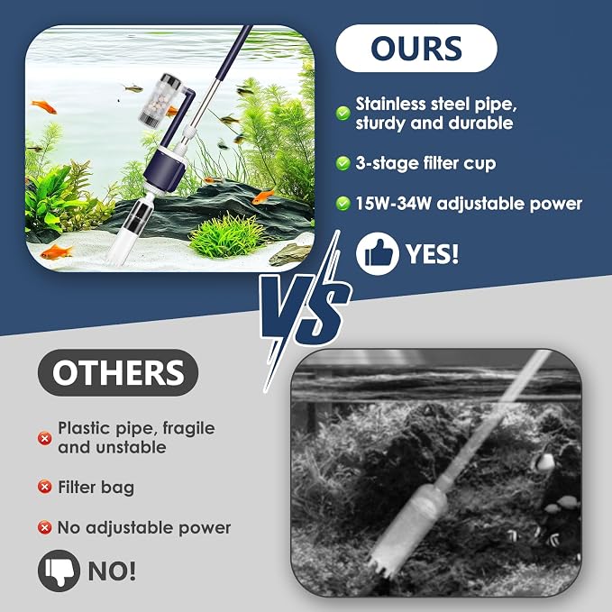AQQA 600GPH Electric Aquarium Gravel Cleaner, 6-in-1 Automatic Fish Tank Vacuum Cleaner & Water Changer with Stainless Steel Handle & 3-Stage Filter Cup for Turtle Tanks, Adjustable Flow 34W