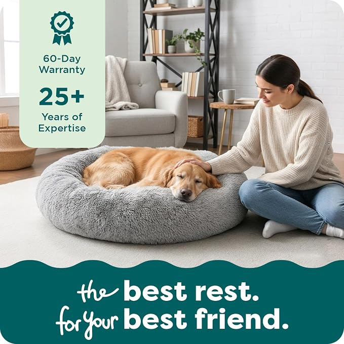 Furhaven 30" Round Calming Donut Dog Bed for Medium/Small Dogs, Refillable w/ Removable Washable Cover, For Dogs Up to 45 lbs - Shaggy Plush Long Faux Fur Donut Bed - Gray, Medium