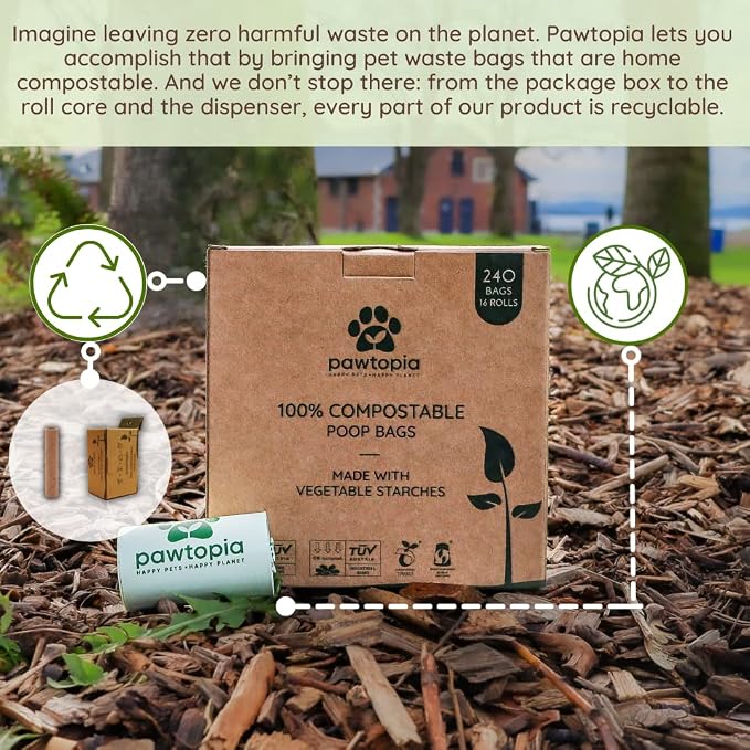 Pawtria Certified Home Compostable Dog Poop Bags (240) + Paper Dispenser, Poop Bags for Dogs, Cat Litter, Vegetable Starches, Dog Waste Bags, Leakproof, Easy to Open, Give Back