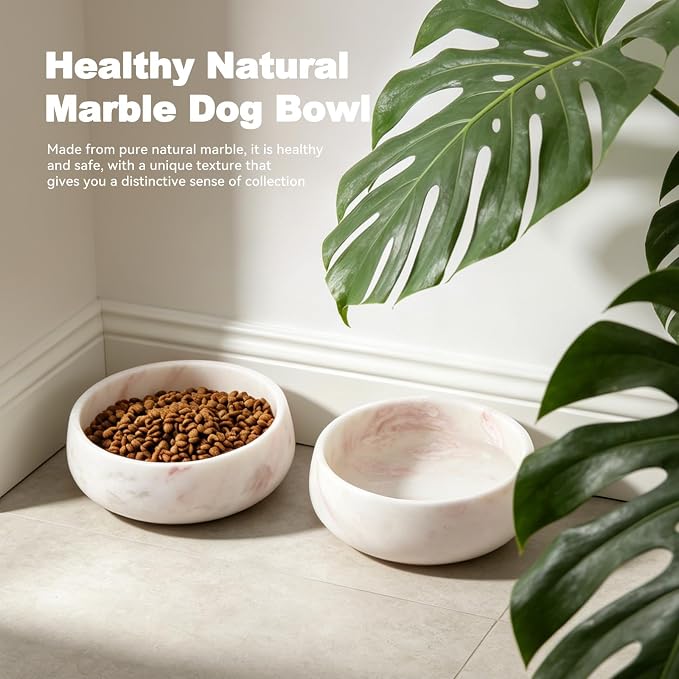 Karibiber Marble Dog Bowl, 5lbs Weighted Dog Food Bowl, Non-Slip Large Heavy Water Bowls, Cute Pink Stone Food and Water Dish for Medium Dogs, Natural Marble, Easy to Clean, Holds 4 Cups