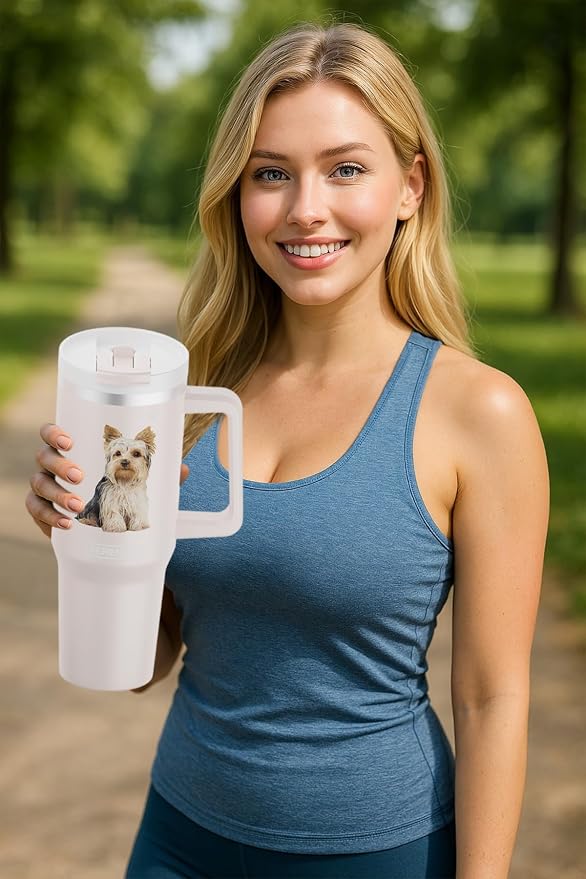 E&S Pets SERENGETI 40 Oz Ultimate Tumbler with Handle and Straw - Vacuum Insulated Tumbler with Straw and Lid - Stainless Steel Travel Mug for Pet Lovers - 3D Designs of your favorite Dog (Yorkie)