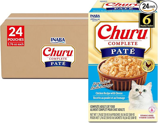 INABA Churu Complete Pate for Cats, Grain-Free, High Protein & Moisture, Wet Cat Food with Fish Oil, 1.76oz. Pouch, 24 Pouches, Chicken with Cheese Recipe
