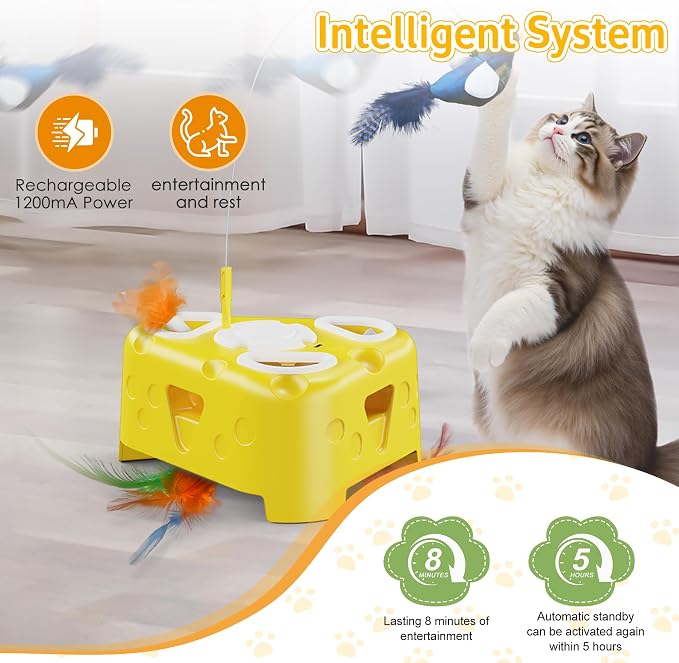 Automatic Cheese-Shaped Interactive Cat Toy – Flying Bird, 6-Hole Mole & Rotating Feather | USB Rechargeable Electronic Feather Toy for Indoor Adult Cats & Kittens, Relieves Boredom