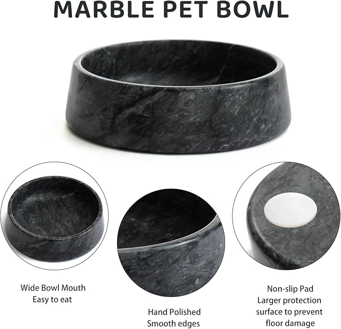 SAMAH Black Marble Dog Bowl, Non-Slip Non-Tipping Heavy Dog Food Bowl, Large Weighted Stone Dish, Natural Marble Pet Water Bowl, Easy to Clean, Present for Cat & Dog Lovers, Holds 6 Cups(6 lbs)