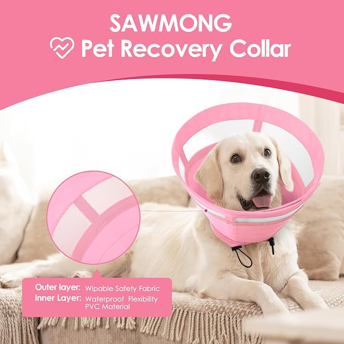 SAWMONG Soft Cone for Dogs – Medium Dog Recovery Collar, Adjustable E-Collar to Stop Licking After Surgery (M, Pink)
