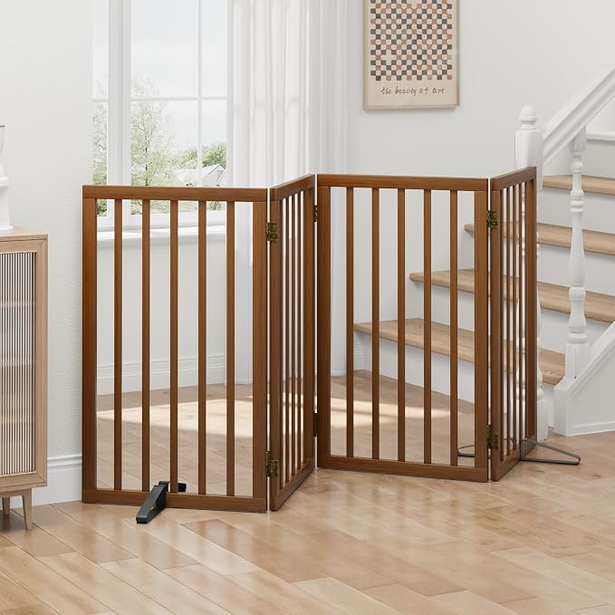 Dog Gates for Doorways, Tall Dog Gate Indoor, Foldable Pet Gates for Doorways Bedroom, Freestanding Puppy Gate with Metal Support Feet, Room Divider 4 Panels (Walnut)