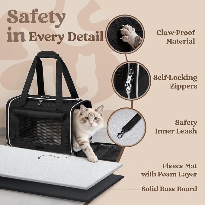 rabbitgoo Cat Carrier Soft, Pet Bag with Rollable Flap for Anxious Kittens, Travel Safe for Car Airline, Collapsible Portable Carrying for Small to Medium Cats, Black, 17" L x 11" W x 11" H