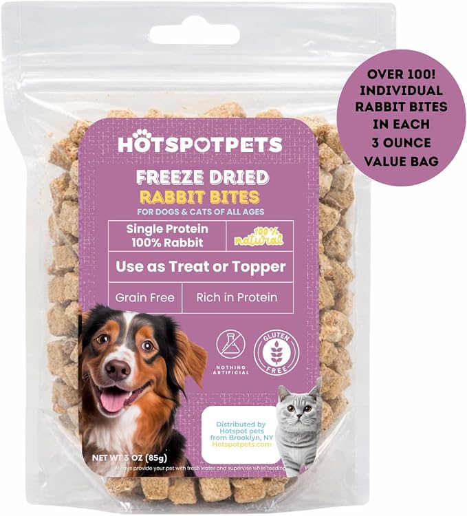 hotspot pets Freeze Dried Rabbit Treats for Dogs & Cats – Made in USA – (3 Ounce~100+pcs) Raw Single Ingredient Rabbit Bites – High Protein Training Rewards & Food Topper – Grain Free, Low Calorie