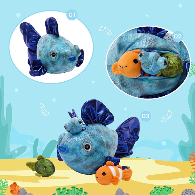 Muiteiur 4-in-1 Fish Family Stuffed Animal Set, 16" Soft Mommy Plush Fish with 3 Small Baby Sea Creatures, Ocean Themed Toys for Kids, Nautical Nursery Decor & Birthday Gift for Boys Girls Ages 3+
