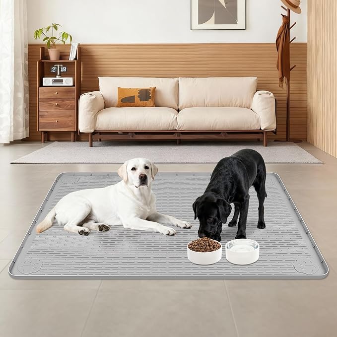 Dog Food Mat, 40" x 28" Large Silicone Mat Dog Feeding Mat with Raised Edge Non-Slip Pet Feeding Mat for Food and Water Bowl, Easy to Clean, Floor Protection (Gray)