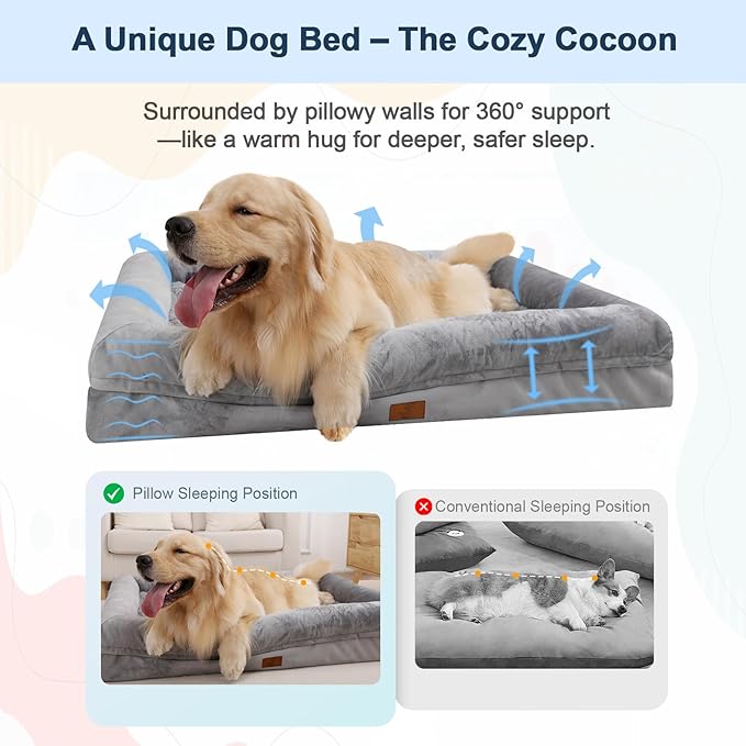 Large Orthopedic Dog Bed for Large Dogs, Waterproof Dog Bed with Removable Washable Cover, 4-Sides Removable Bolster Soft Pet Couch Sofa with Non-Slip Bottom for Big Dogs, Gray