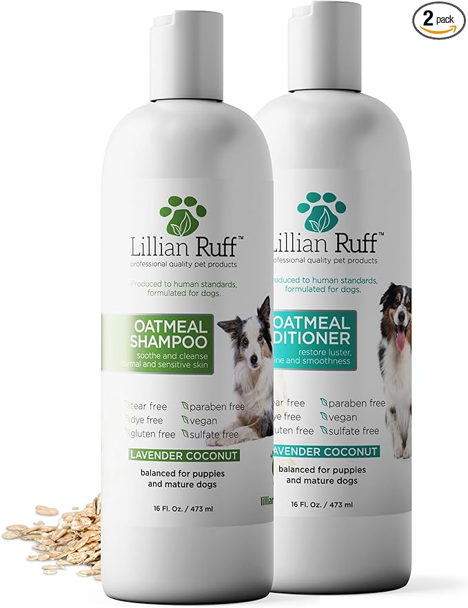 Lillian Ruff PRO Formula Deodorizing Oatmeal Dog Shampoo & Conditioner Set - Calm Itching & Allergies, Ultra-Nourishing Dry Skin Relief - Oatmeal, Aloe, Coconut Oil, Lavender & Provitamin B5, USA Made