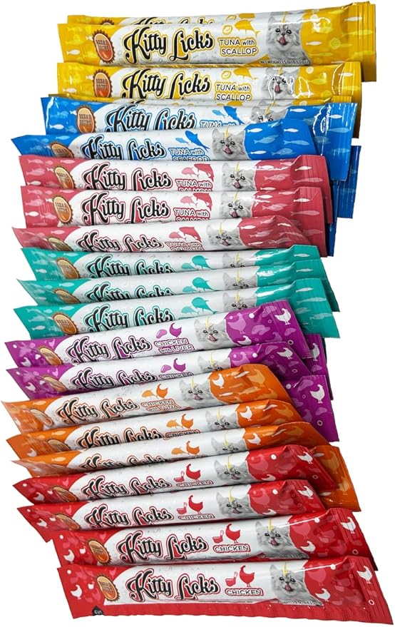 Rena's Recipe Kitty Licks Lickable Cat Treats Variety Pack, 28 Tubes | Creamy purée cat treats in 7 delicious flavors, including tuna and chicken.