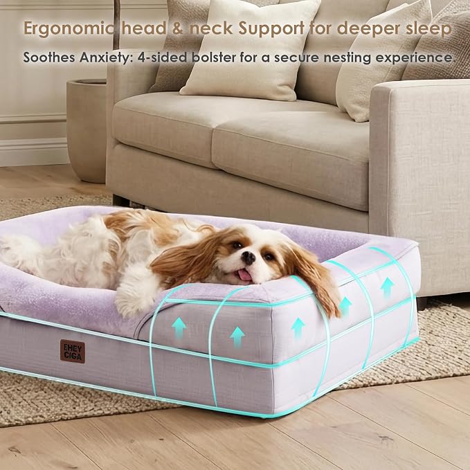 EHEYCIGA Orthopedic XXL Dog Bed for Large Sized Dog, 52x41 Inch Extra Large Memory Foam Dog Couch Bed with Sides, Waterproof Liner & Washable Removable Cover, Bolster Pet Sofa, Purple