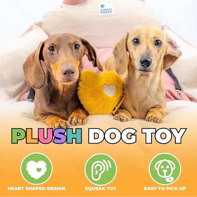FUNNY FUZZY Dog Toy, Heart Plush Squeaky Dog Toy for Puppy Cats with Soft Squeaker, Fun for Indoor Puppies and Kitten, Pet Toy for Small Medium Large Breeds, Yellow,2 Pack