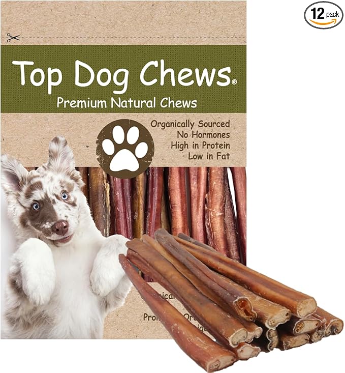 Top Dog Chews - 12 Inch Standard 12 Pack Bully Sticks, Long Lasting, 100% Natural Beef, Free Range Grass Fed, High Protein, Supports Dental Health Dog Treat, 12 Pack