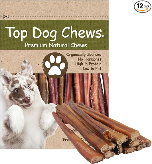 Top Dog Chews - 12 Inch Standard 12 Pack Bully Sticks, Long Lasting, 100% Natural Beef, Free Range Grass Fed, High Protein, Supports Dental Health Dog Treat, 12 Pack