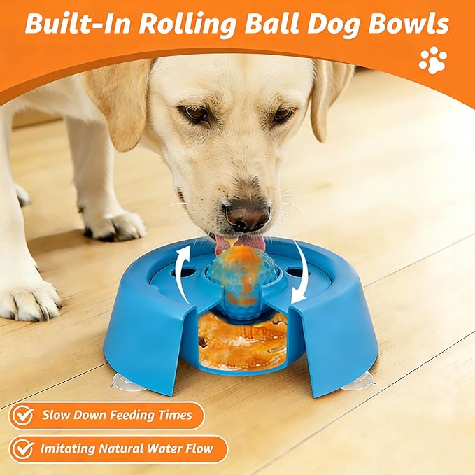 Dog Lick Bowl, 8 oz Slow Feeder Dog Bowls for Liquid Treats, Non Slip Dog Lick Ball with Built-in Rolling Ball, Lick Ball Bowl for Bone Broth Yogurt Dietary Supplement (Blue)