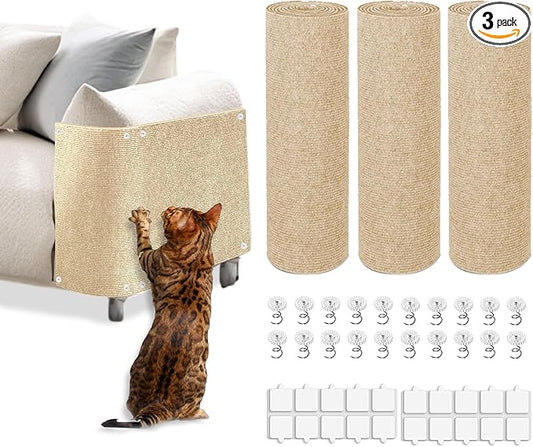 Cat Scratch Mat, 3PCS 39.4"x11.9" DIY Trimmable Self-Adhesive Cats Scratching Mat, Couch Protector from Cats Claw, Cat Scratch Furniture Protector Or Couch Protector (Beige)