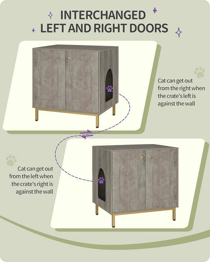 Hzuaneri Cat Litter Box Enclosure, Hidden Litter Box Furniture Cabinet, Wooden Indoor Cat House, Side End Table, Living Room, Bedroom, Greige and Gold CB81205G