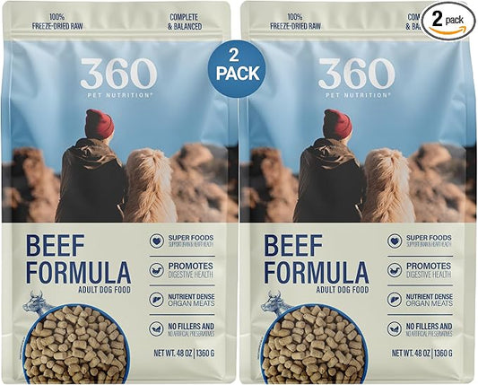 360 Pet Nutrition Freeze-Dried Raw Dog Food – Beef Recipe with Liver & Organs, High Protein with Omega-3s, Fruits, Veggies & Superfoods, Grain-Free, No Filler 2 x 48 oz – Made in USA