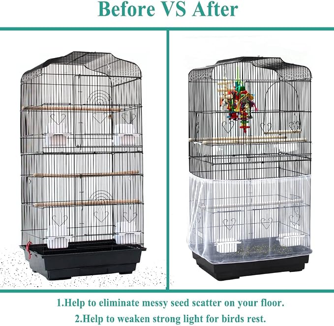 ASOCEA Bird Cage Seed Cather with Adjustable Bird Harness and Leash Universal Adjustable Birdcage Cover Skirt Nylon Mesh Netting Parrot Parakeet Macaw African Round Square Cages Cover