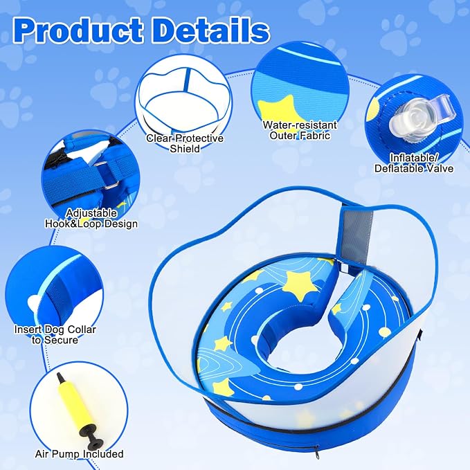 Inflatable Dog Cone Collar with Removable Clear Protective Shield, Soft Pet Recovery E-Collar for Dogs After Surgery, Adjustable Elizabethan Collar to Prevent Licking Biting Scratching (Blue, Large)