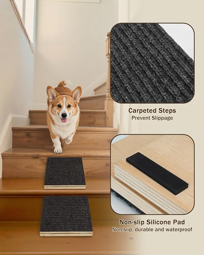 Foldable Wooden Dog Ramp for Stairs, Non-Slip Pet Ramps for Staircase, 2 Pack for Small and Senior Dogs and Cats, Step and Stair for Injured and Elderly Pets (11.8in)