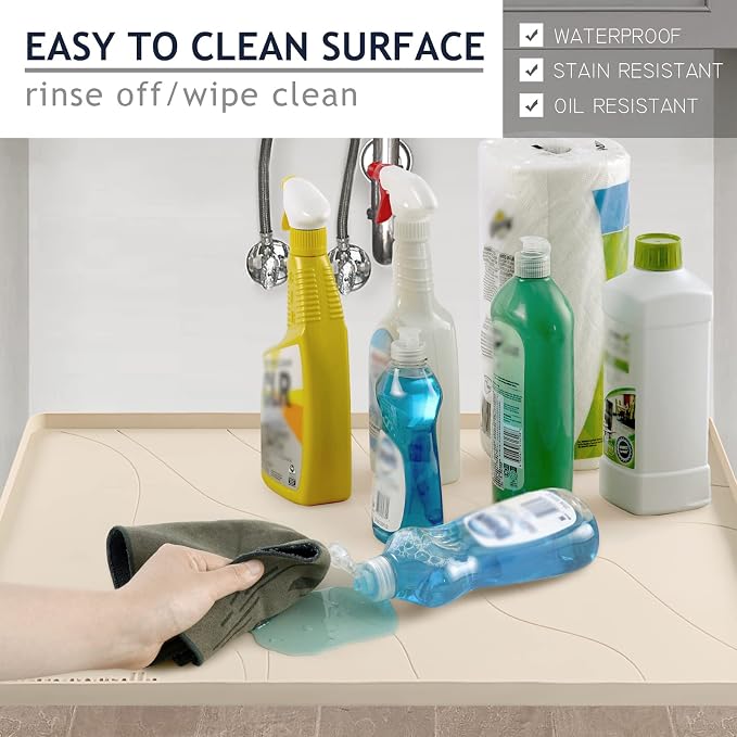 Heavy Duty Under Sink Mat,28" x 22" Silicone Waterproof Mat,Extra Thick Under Sink Liner,Kitchen Bathroom Cabinet Mat and Protector for Drips Leaks Spills,Taupe