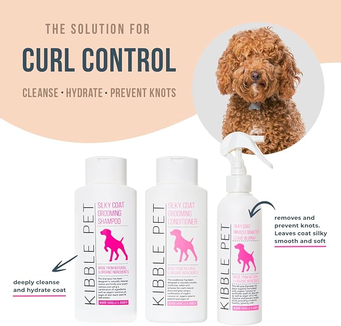 Kibble Pet Silky Coat Grooming Shampoo for Dogs, Organic Argan Oil & Coconut Oil Formula, Salon-Quality Professional Coat Care, Warm Vanilla & Amber Scent, Made in USA, 13.5 oz