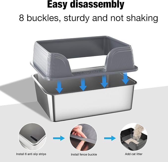 Suhaco XXXL Stainless Steel Litter Box with High Sided Deep Side Entry Deep Extra Large Metal Litter Box Included Mat & Scoop Anti-Urine Leakage Cat Litter Boxes for Big Cats (Grey XXXL)