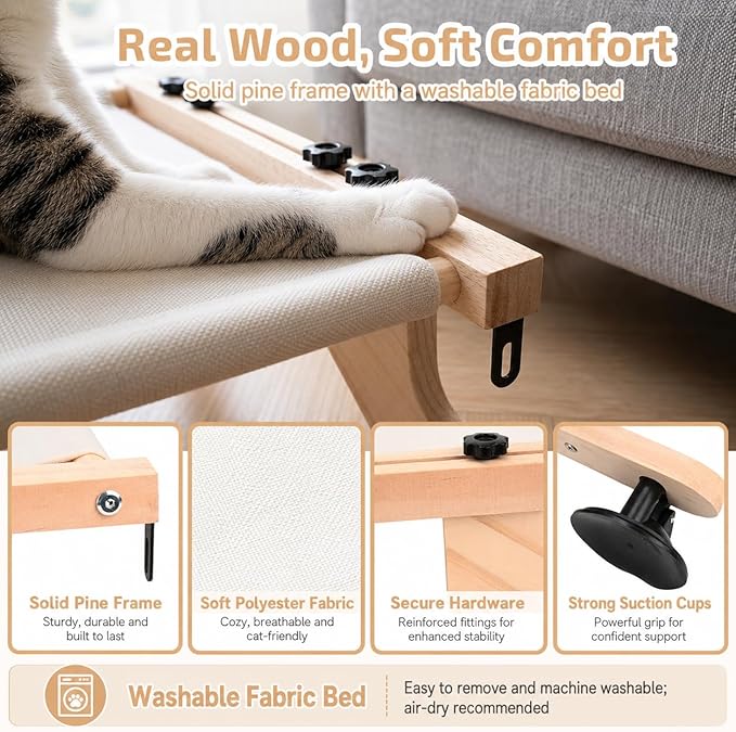Wide Stable 40 lb Tested Cat Window Perch for Large Cats, 20.1 x 25.2 in Overall Frame, Solid Wood Cat Window Seat with Suction Cups & Steel Hooks, No-Drill for Windows & Sofas
