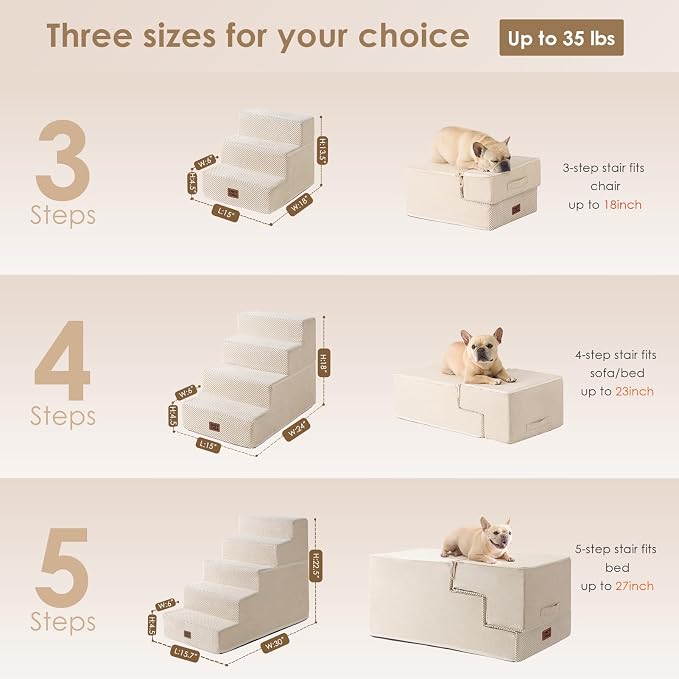 EHEYCIGA Dog Stairs for Bed 18" H, 4-Step Dog Steps for High Bed, Pet Steps for Small Dogs and Cats, Non-Slip Balanced Pet Ramp Indoor, Beige