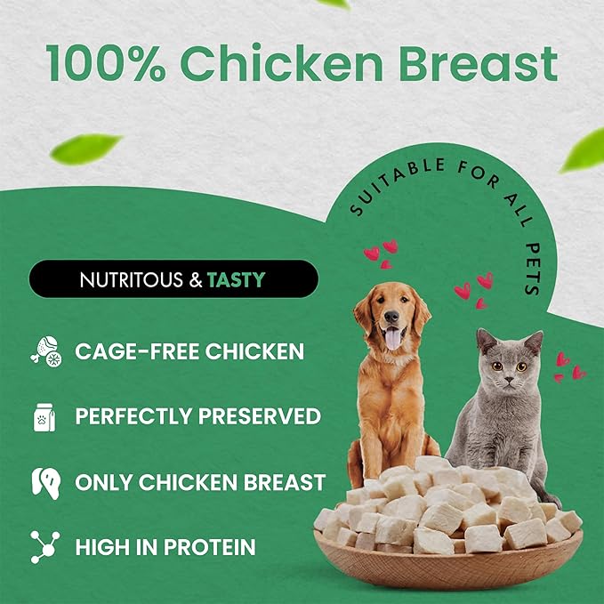 Freeze Dried Chicken Cat Treats | Healthy Dog Food Toppers 100% Human Grade | Single Ingredient, Grain Free Chicken Dog Treats | Inspected & Tested in USA | No Additives or Preservatives, 1.75 oz
