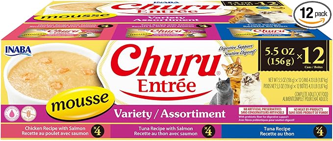INABA Churu Entrée Mousse for Cats, High Protein & Moisture, Prebiotic Wet Cat Food, 5.5oz. Can, 12 Cans Total, Tuna & Chicken Variety