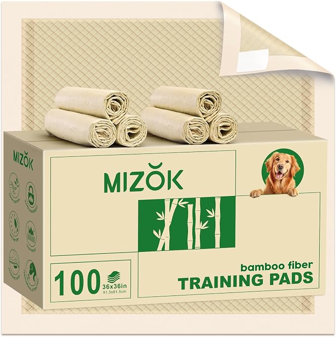 MIZOK Pee Pads for Dogs 36x36in Bamboo Dog Pads Super Absorbent Odor Eliminating Leak-Proof, XXL Dog Pee Pads with Adhesive Tabs for Large Breeds, Disposable (100 Count)
